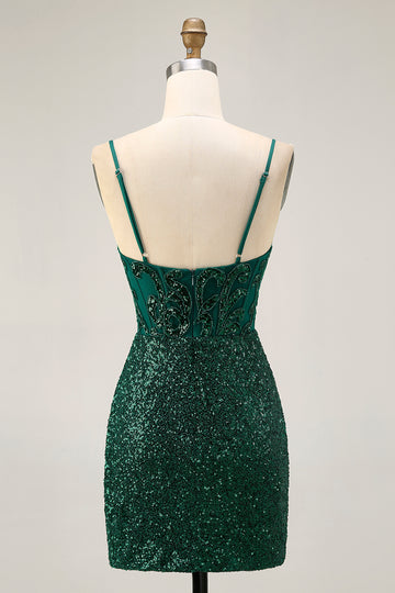 Sparkly Bodycon Dark Green Sequins Corset Homecoming Dress